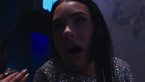 Two petite girls get fucked by a transgender blonde in an intense orgy