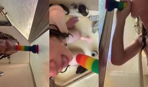 Cute Femboy Sissy Chokes Gagging on Rainbow Dildo Cum Slut Training