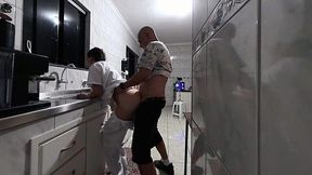 Brunette maid was doing dishes and got her horny boss sticking his dick inside