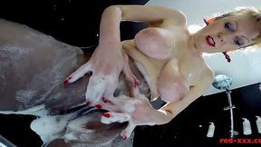 Ginger Whore Scrubs Down Fully Suited in Nylons, Furiously Rubs Her Wet Pussy