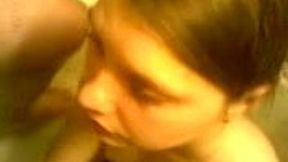 Petite chick in the bathroom was horny for quick threesome
