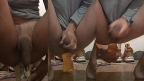 a nice guy jerks off his big dick and plays with big bottles that made him cum three times.