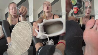 Sweaty socks leather leggings tease a true fetishist