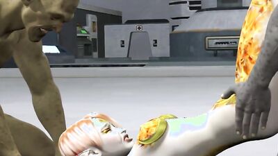 Two alien dudes dominate skinny elf chick with short hair in hot anime orgy