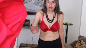 Bushy American old woman toying her muff