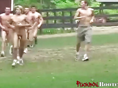 Multiple twinks exercising nude and giving blowjobs outside