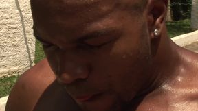 Ebony muscle dude strokes off by the pool