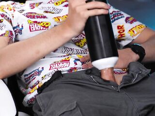 Excited Man Uses an Auto Blow Toy That Gives his Big Hard Jock a Powerful Orgasm Making his rod throb