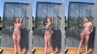 Blonde milf gets soaked in the outdoor shower