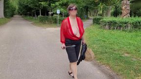 A public walk in transparent blouse