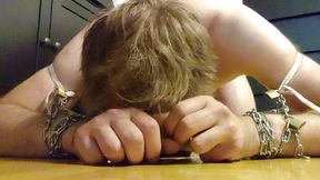 Fag chastity slave eats cum icecube to get the key for his bondage