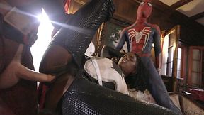 Ebony girl gets fucked by guys in deadpool and spiderman cosplays. Intense threesome!