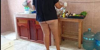 Chubby Stepmother Washes and Cleans the Kitchen