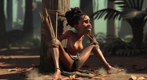 African Girl Bound in Rope Bondage - Hairy Wet Pussy Craving for Cock