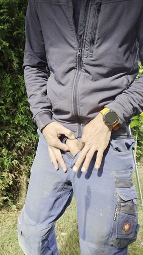 Young craftsman in Engelbert Strauss workwear pisses with his hard thick cock