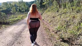 My stepmom in sheer pants without panties walking down the street