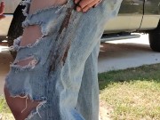 Rubbing mud all over my ripped denim jeans teasing you  clothing destruction