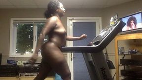 My friend's black sexy wife is jogging on the treadmill in the cellar