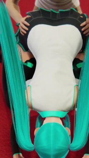 Miku gets her boobs massaged, her ass licking and a big dildo in her pussy