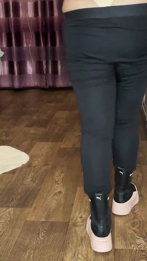 I Show a Beautiful Figure in Black Leggings and Black Boots/