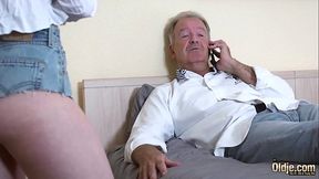 Teen blonde grabs grandpa'_s cock and sucks it deepthroat