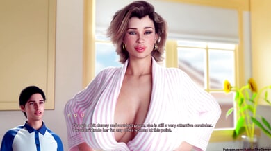 Animated vixen teases in a pink top with deep cleavage under soft bedroom lights