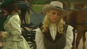 Carriage Sex in the Wild West - Curly Brunette in a Corset Rides Cock