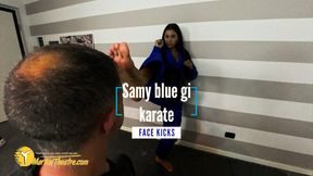 Samy blue gi karate face kicks