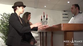 two naughty french mature girl friends sharing their ass with a lucky bar tender