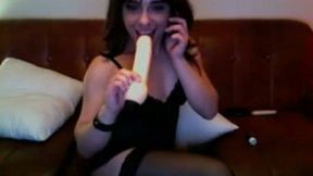 Brunette European playful tranny girl shows her big plastic dildo