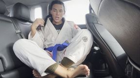 Car Jiu Jitsu Beatdown: Gi, Post Training, Karateka Feet, Seatbelt Fetish, Sweaty, Hair, Braids Removal, Long Black Curly Hair, Brazillian Jiu JItsu, Soles, Smelly My Feet