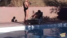 Poolside foursome with sloppy messy facial finish