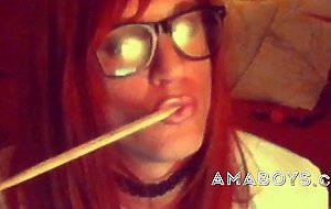 Slutty CD Valerie strokes her big cock in black stockings