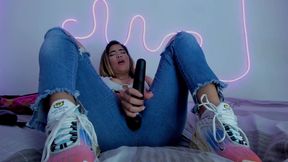 Sexy Blonde Having an Amazing Orgasm with Her Vibrator and Squirting in Her Blue Jeans