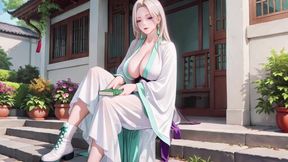 White Kimono Maid! Kneeling in the Japanese Corridor, High Slit Revealing Wet Thighs Under the Sun.
