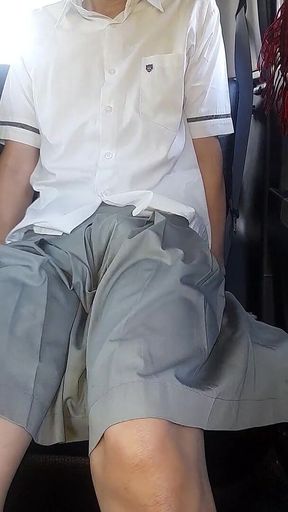 Asian Crossdresser Cum Wearing Grey *** Uniform