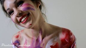 Salirophilia Fetish: All Natural Brunette's Paint-Drenched Satin Slip and Panty Destruction with Prudence K