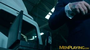 Blindfolded businessman Dani Rivera sucked dildo and fucked