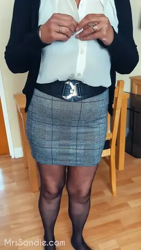 Your 53 year old mature step-milf in her favourite short tight skirt and open pussy pantyhose