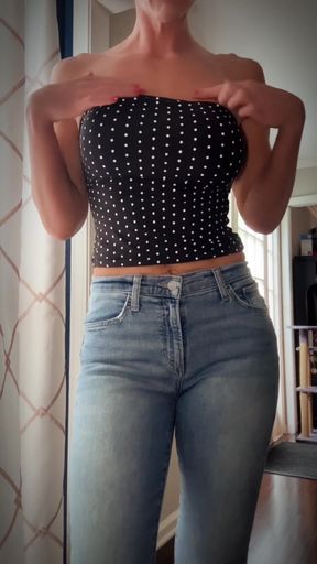 Solitary titty drop with a curvy babe in tube top