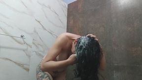 Washing my hair with lots of foam