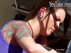 Huge tits tattooed chick gets reamed and jizzed on