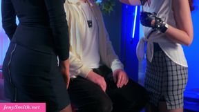 Hot MILF Jeny Smith and horny Veronica Charm seduced a nerd guy 18+ young.