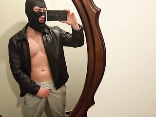 PhantomGentX Leatherjacket Mirror Cum! Sexy Slavemaster Strokes & Explodes Giant Load On White Shirt