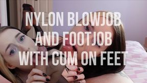Nylon BlowJob FootJob & Cum on Feet