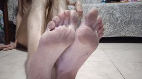 Naked on the floor with dirty feet, hairy ass and flaccid cock