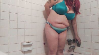 Huge hose enema blows her bikini belly balloon tight with water inflation