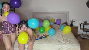 The clown girls get horny after blowing up balloons and masturbate