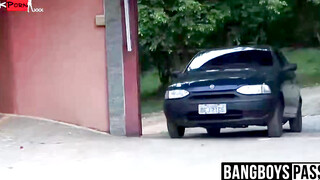Outdoor Twink Threesome - Big Dick Hunk Fucks Raw Ass Hard in Public