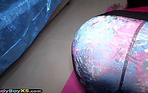 This slutty asian ladyboy in yoga pants gets barebacked